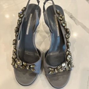 Vera Wang Lavender open toe sling heels with crystal details.